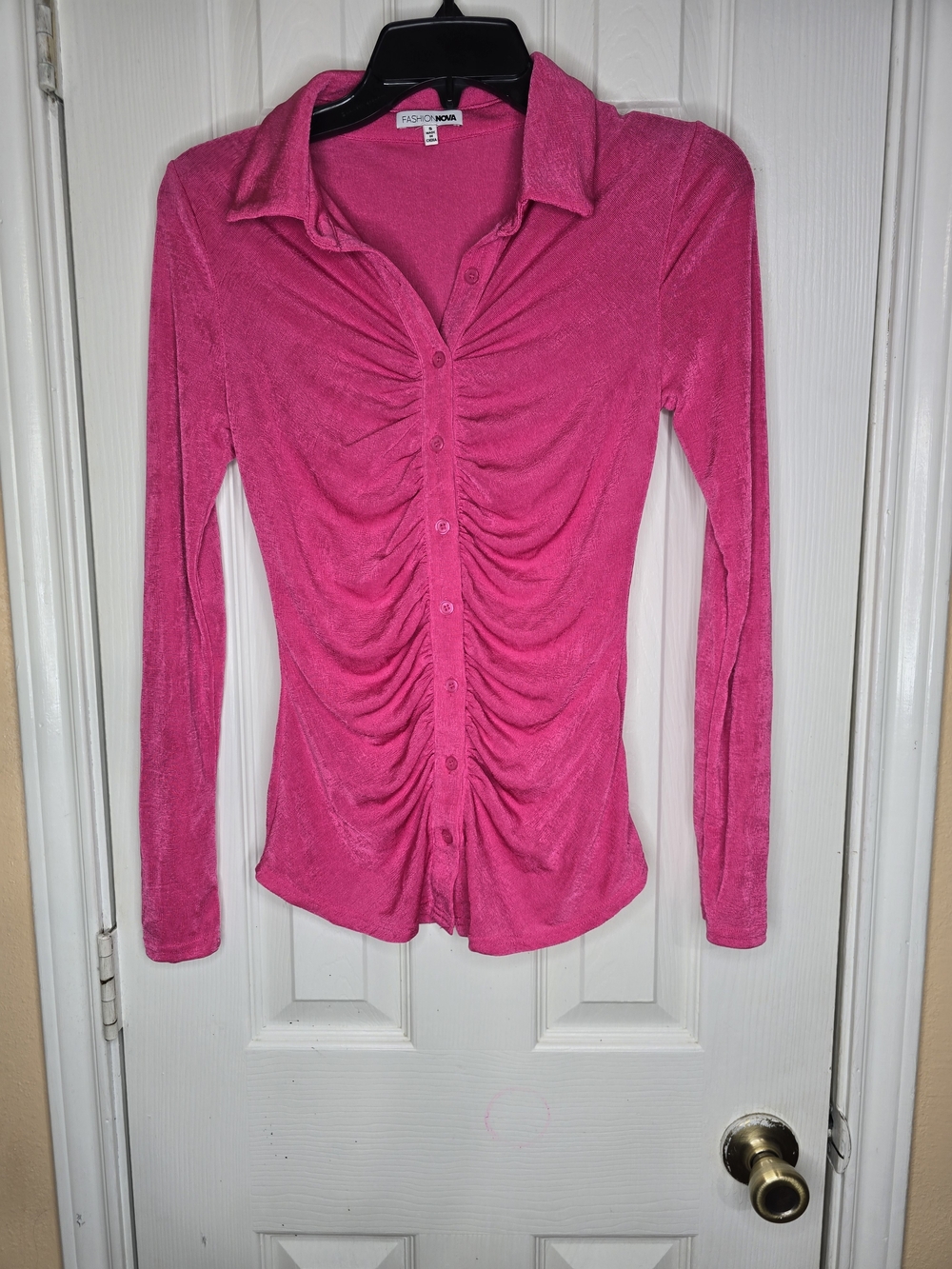 Fashion Nova Hot Pink Ruched Button-Up Long Sleeve Top